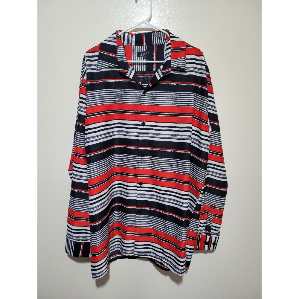 Pronti Button‎ Down Shirt Women XXL Red Black White Striped  Long Sleeve